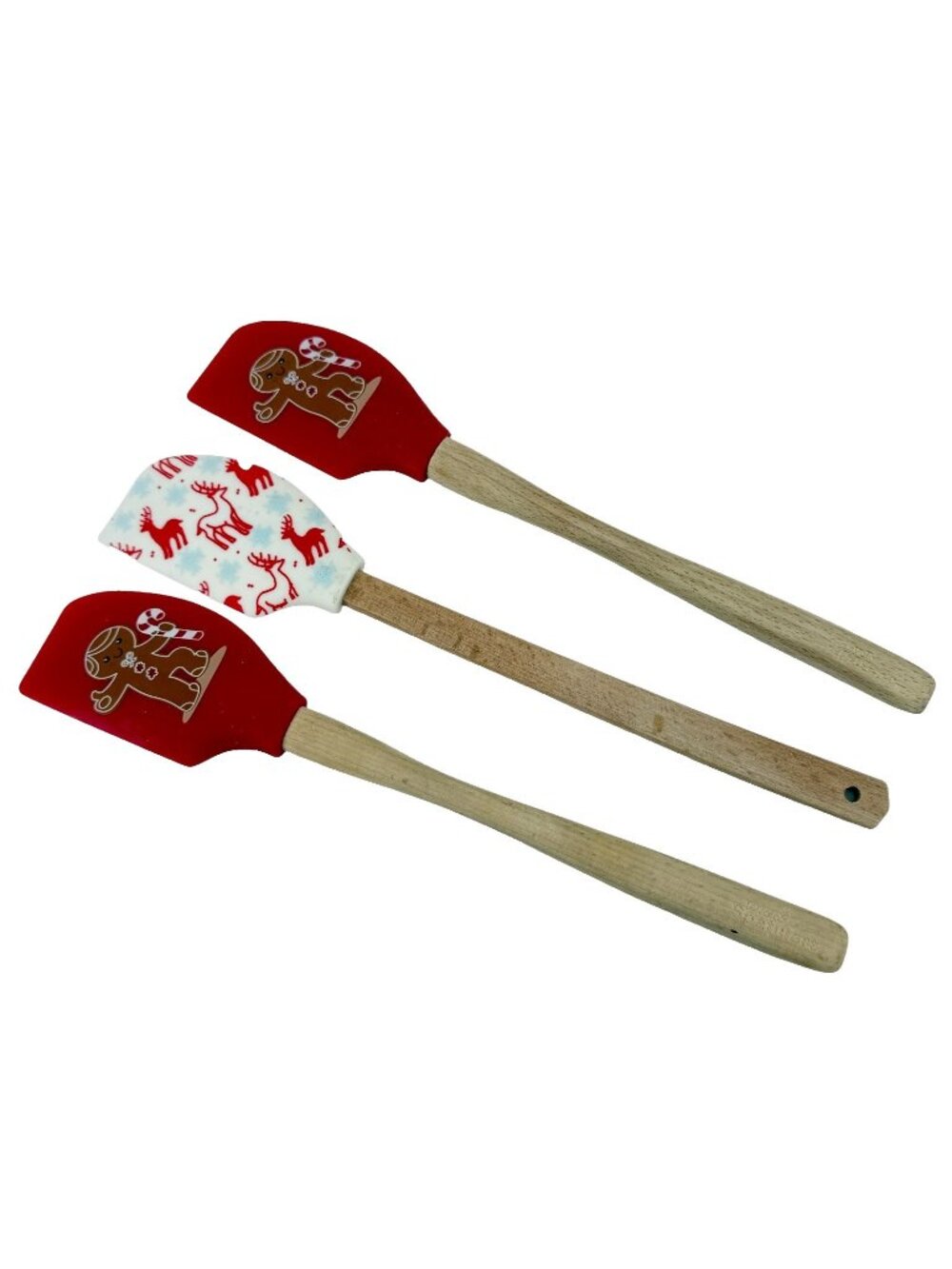 3 Christmas Spatula Gingerbread Candy Cane Reindeer Snow Wooden Handle Unused